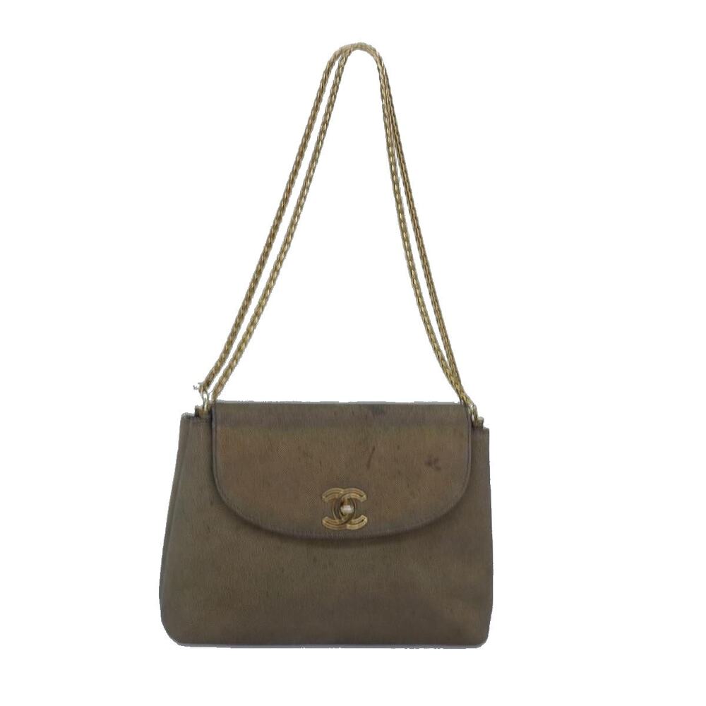 CHANEL Turn Lock Chain Hand Bag Suede Gold Tone CC